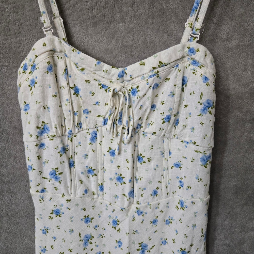 Floral Midi Dress Women 8 White Milkmaid Linen Cottagecore Coquette Babydoll